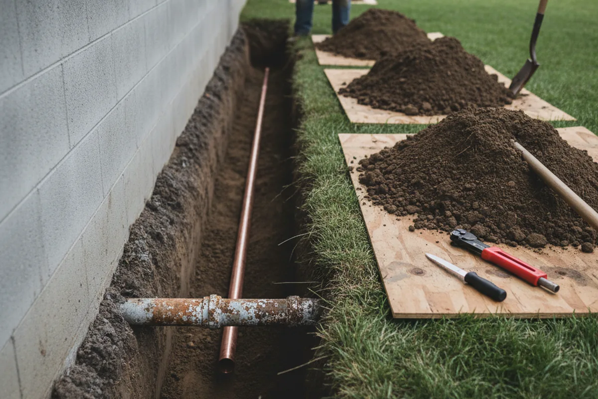 Excavated water line trench during Water Softener Installation in Woodbridge